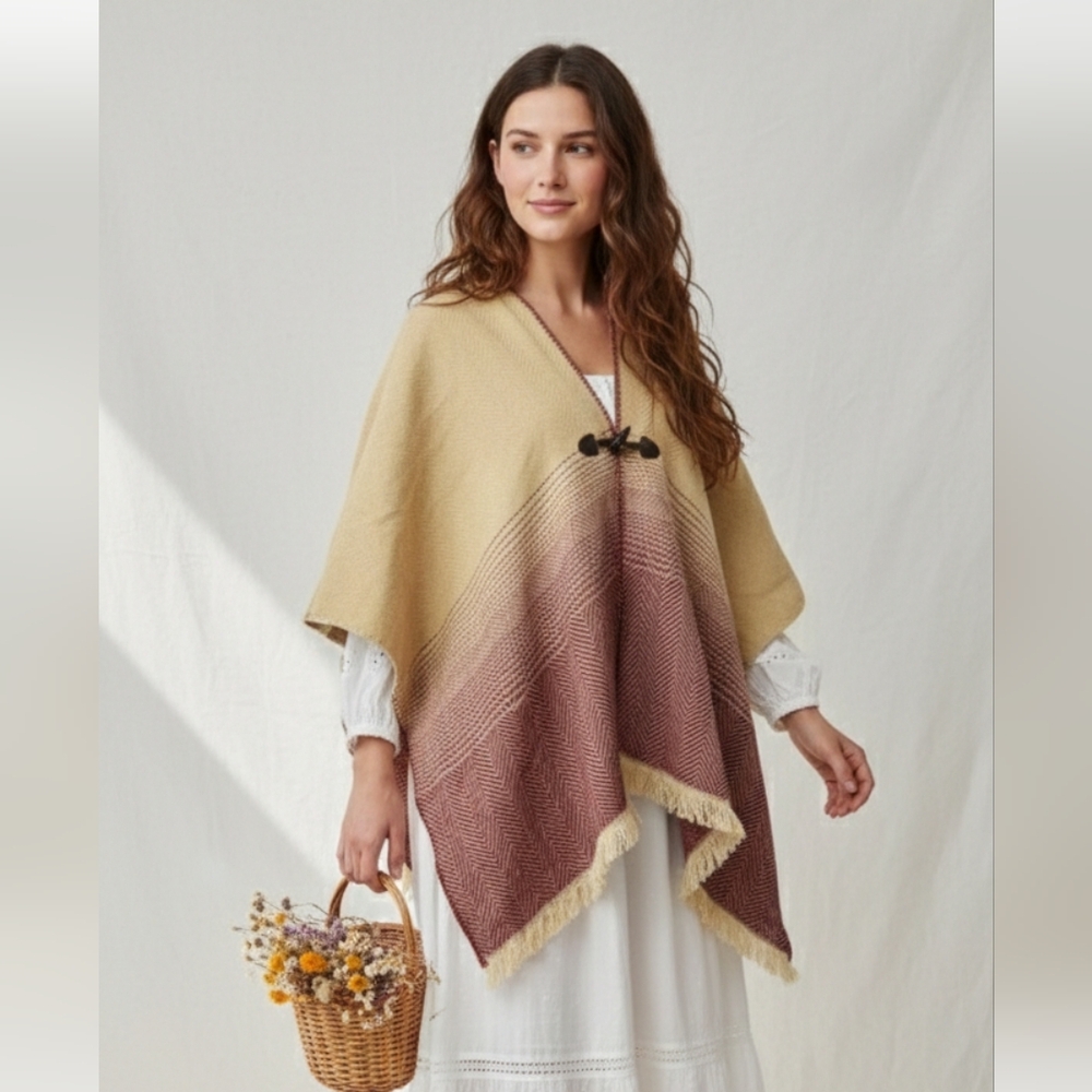 Tan Red Fleece Knit Poncho Cape Fringed Preppy Bohemian Western OSFA